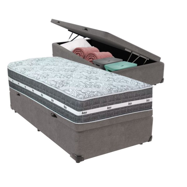 Encontraproduto.com.br - Cama Box Com Baú Cinza E Colchão Solteiro Black Grafit Anjos