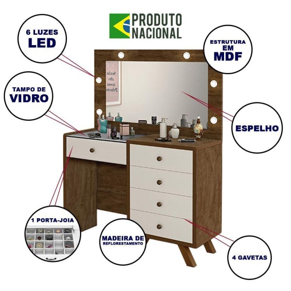 Encontraproduto.com.br - Penteadeira Camarim Com Led E Espelho Luna Malbec Off White
