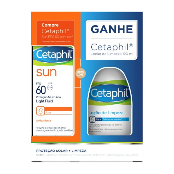 Encontraproduto.com.br - Kit Protetor Solar Cetaphil Sun Light Fluid Com Cor Fps 60 50ml + Loção De Limpeza 120ml