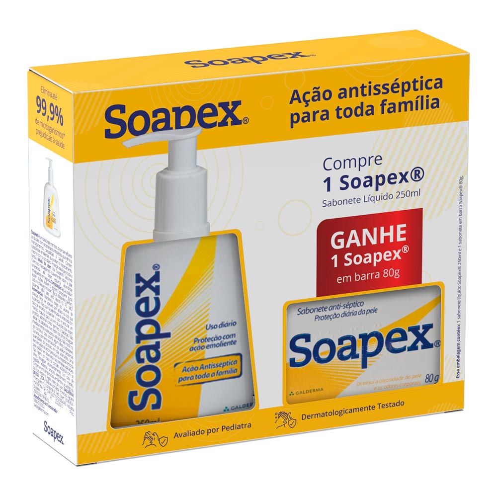 Encontraproduto.com.br - Soapex Sabonete Líquido 250ml Grátis Soapex Sabonete Barra 80g