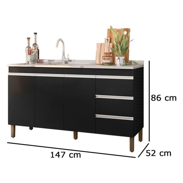 Encontraproduto.com.br - Balcão Para Cozinha Karen 1470cm Preto Fosco - Peternella