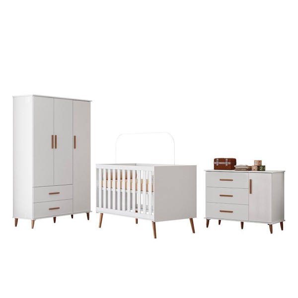 Encontraproduto.com.br - Dormitório com Guarda-roupa 3 Portas e 2 Gavetas e Cômoda 3 Gavetas e 1 Porta e Berço Topázio Retrô Branco Acetinado