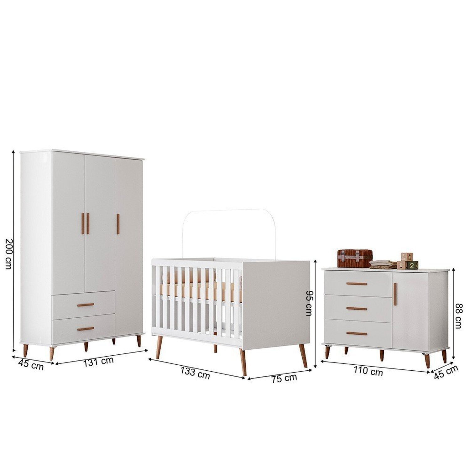 Encontraproduto.com.br - Dormitório com Guarda-roupa 3 Portas e 2 Gavetas e Cômoda 3 Gavetas e 1 Porta e Berço Topázio Retrô Branco Acetinado