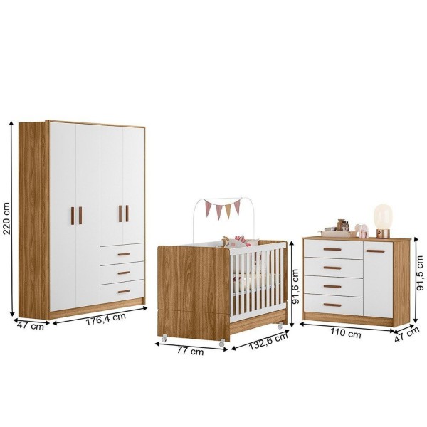 Encontraproduto.com.br - Quarto de Bebê Completo Guarda-roupa 4 Portas, Berço Mini Cama Encanto e Cômoda 4 Gavetas Pérola nature/branco off
