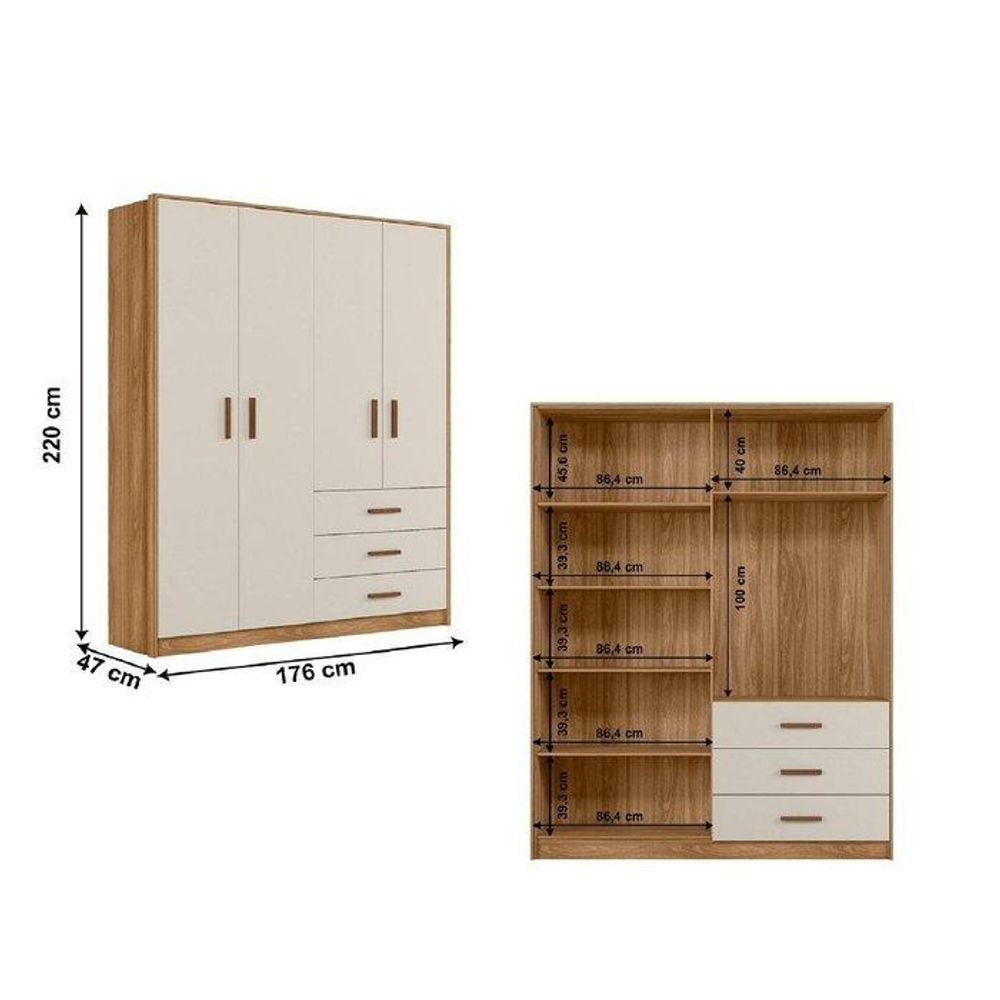 Encontraproduto.com.br - Quarto de Bebê Completo Guarda-roupa 4 Portas, Berço Mini Cama Encanto e Cômoda 4 Gavetas Pérola nature/branco off