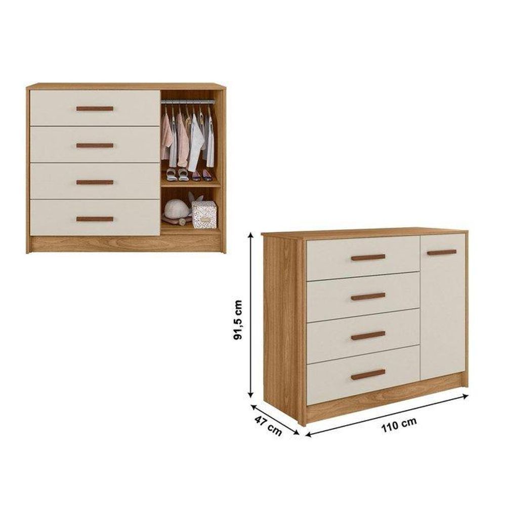 Encontraproduto.com.br - Quarto de Bebê Completo Guarda-roupa 4 Portas, Berço Mini Cama Encanto e Cômoda 4 Gavetas Pérola nature/branco off