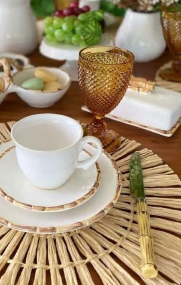 Encontraproduto.com.br - Jogo de 6 Xicaras para Café com Pires em Bambu Branco 100ml