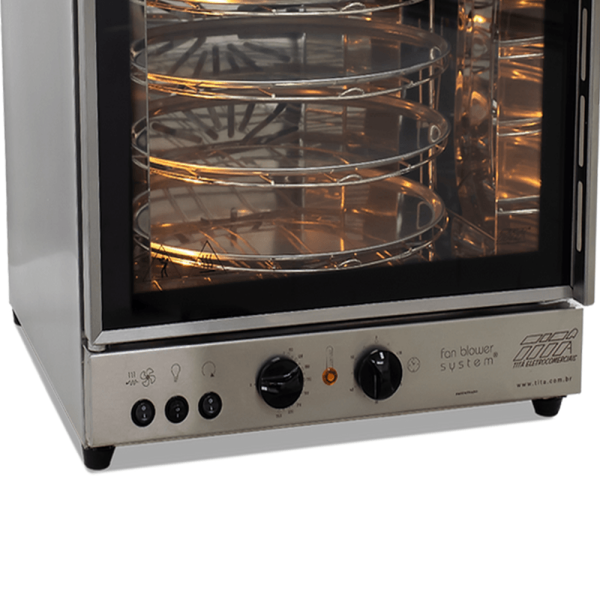 Encontraproduto.com.br - Forno Giratório Elétrico Analógico FGE Rack 4B Titã - Rack Aço Carbono Inox Interno 4 Bandejas Estrutura Aço Inox Escovado até 250 °C