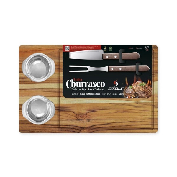 Encontraproduto.com.br - Kit Churrasco Madeira Teca Com Garfo E Faca E 2 Potes Inox - Stolf