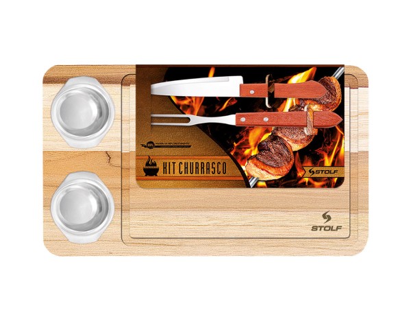 Encontraproduto.com.br - Kit Churrasco Madeira Teca Com Garfo E Faca E 2 Potes Inox - Stolf