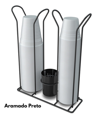 Suporte Porta Copo Descartável 50 80ml E 180 200ml Organizador De Copos E Colheres Café Preto Fosco Stolf