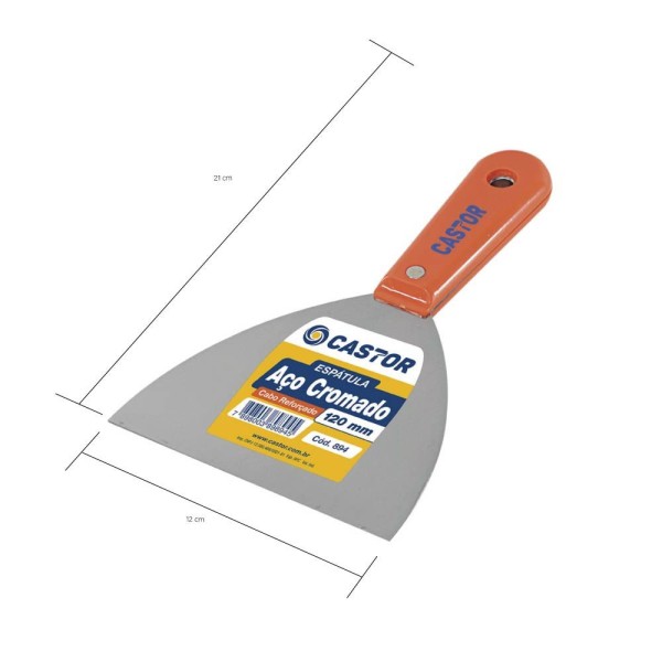 Encontraproduto.com.br - Espátula de Aço Cromado com Cabo Plástico Reforcado Laranja Castor 120mm