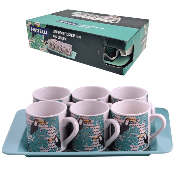 Encontraproduto.com.br - Kit Xícara 6 Peças 85ml com Bandeja Azul Euroquadros