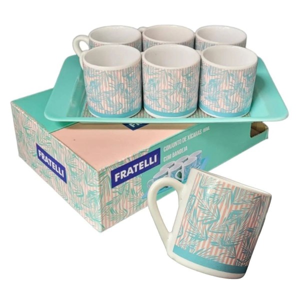 Encontraproduto.com.br - Jogo de 6 Xícaras em Cerâmica 85 ml com Bandeja Fratelli