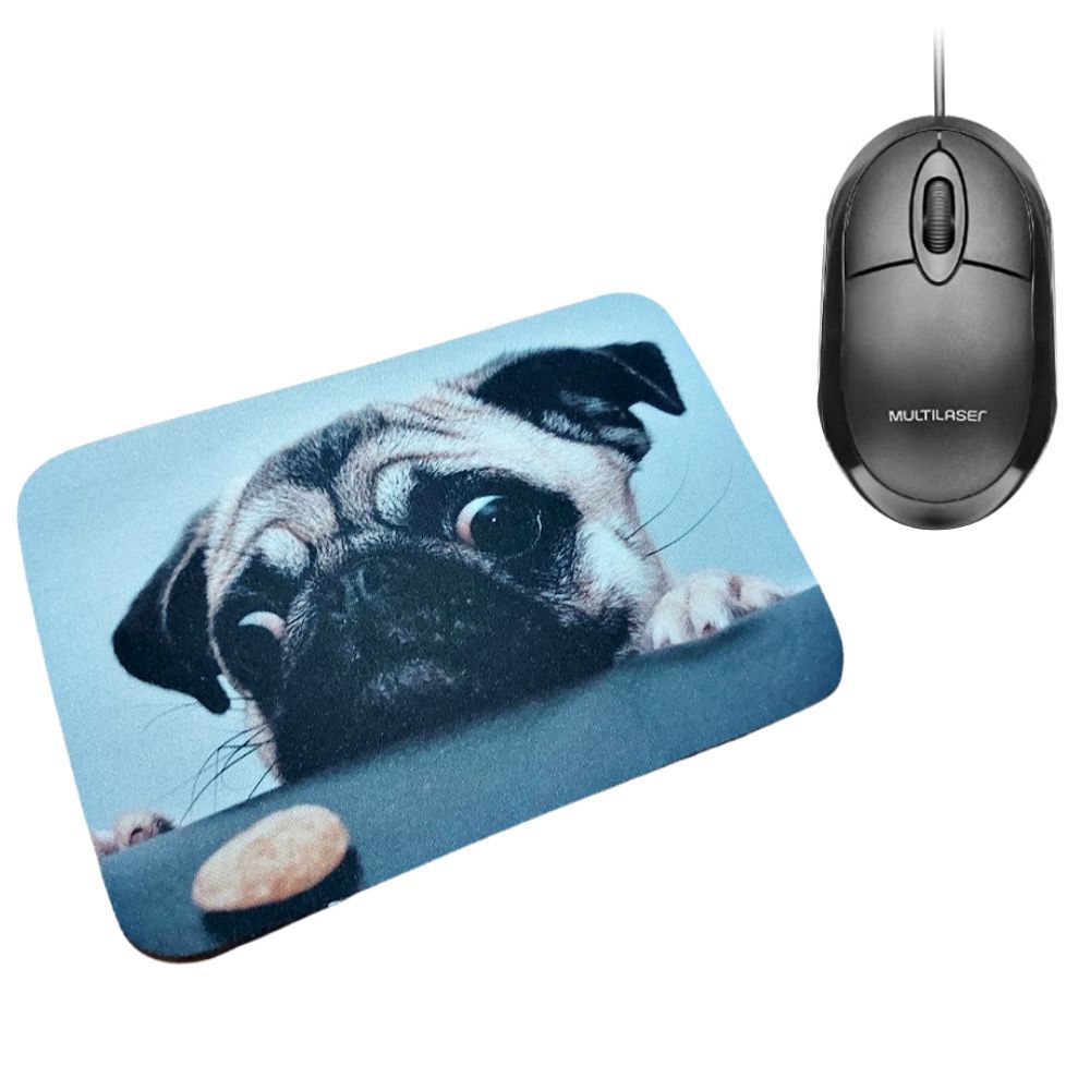 Encontraproduto.com.br - Combo Mouse Multilaser Preto Mo300 + Mouse Pad Bulldog Face