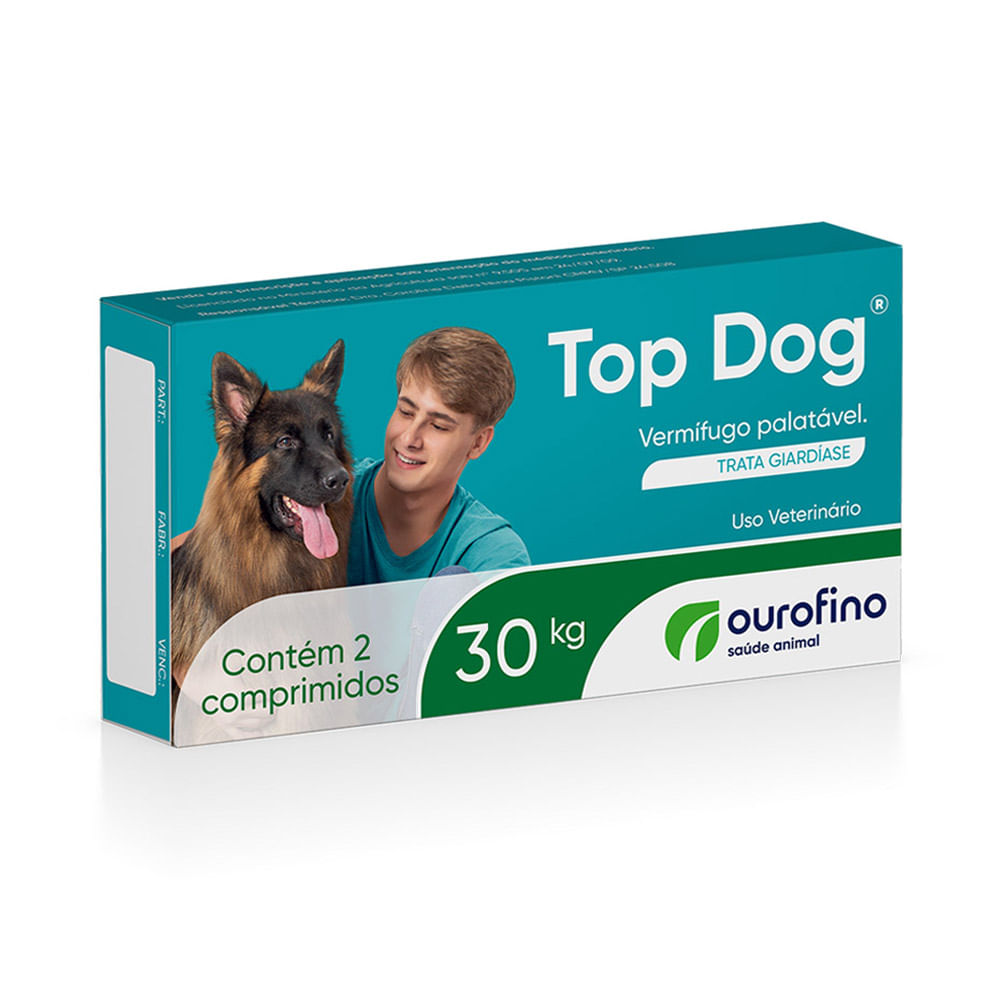 Vermífugo Top Dog Cães 30kg 3000mg 2 comprimidos Ouro Fino