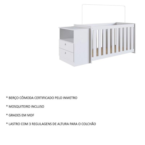 Encontraproduto.com.br - Conjunto Kit Berço Regulagem Cômoda 2 gavetas Infantil Bebê Branco Aconchego Completa