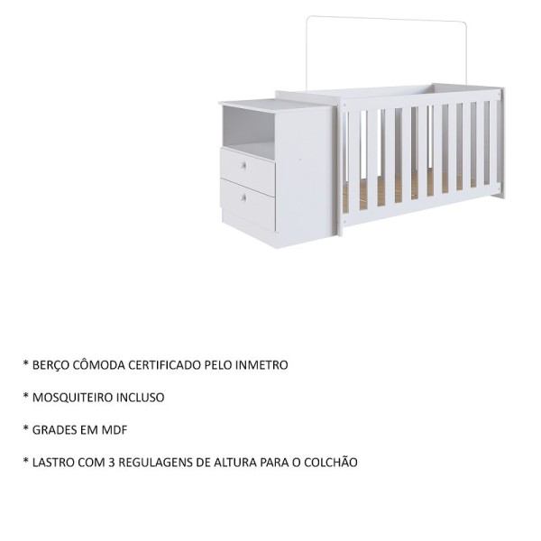 Encontraproduto.com.br - Conjunto Kit Berço Regulagem Cômoda 2 gavetas Infantil Bebê Branco Aconchego Completa