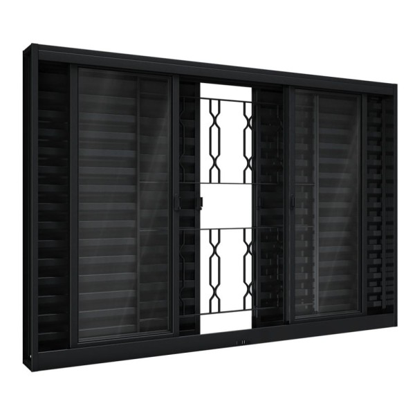 Encontraproduto.com.br - Veneziana Rbp Correr Central 4 Folhas Móvel 2 Folhas Fixas Com Grade Mosaico 100x120 Preta Riobras