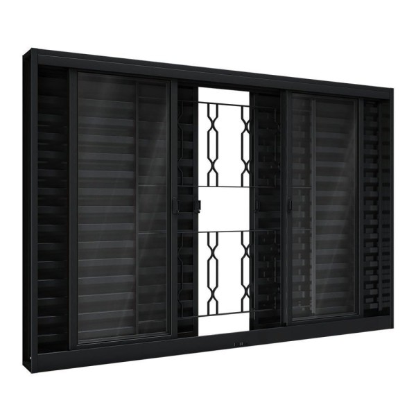 Encontraproduto.com.br - Veneziana Rbp Correr Central 4 Folhas Móvel 2 Folhas Fixas Com Grade Mosaico 100x120 Preta Riobras