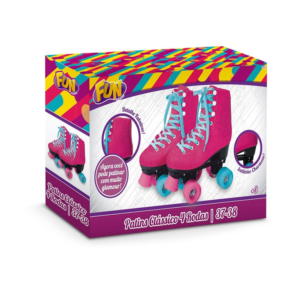 Patins Clássico - 4 Rodas - Rosa - Tamanho 37/38 - Fun