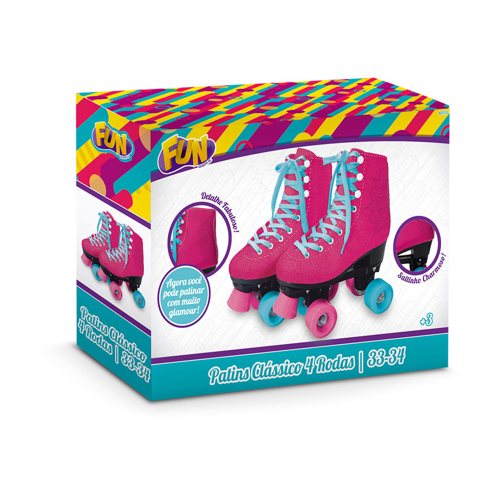 Encontraproduto.com.br - Patins Clássico Rosa 4 Rodas 33/34 Fun F0008-1 Fun