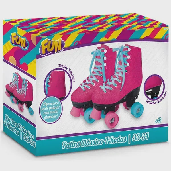 Encontraproduto.com.br - Patins Clássico Rosa 4 Rodas 33/34 Fun F0008-1 Fun