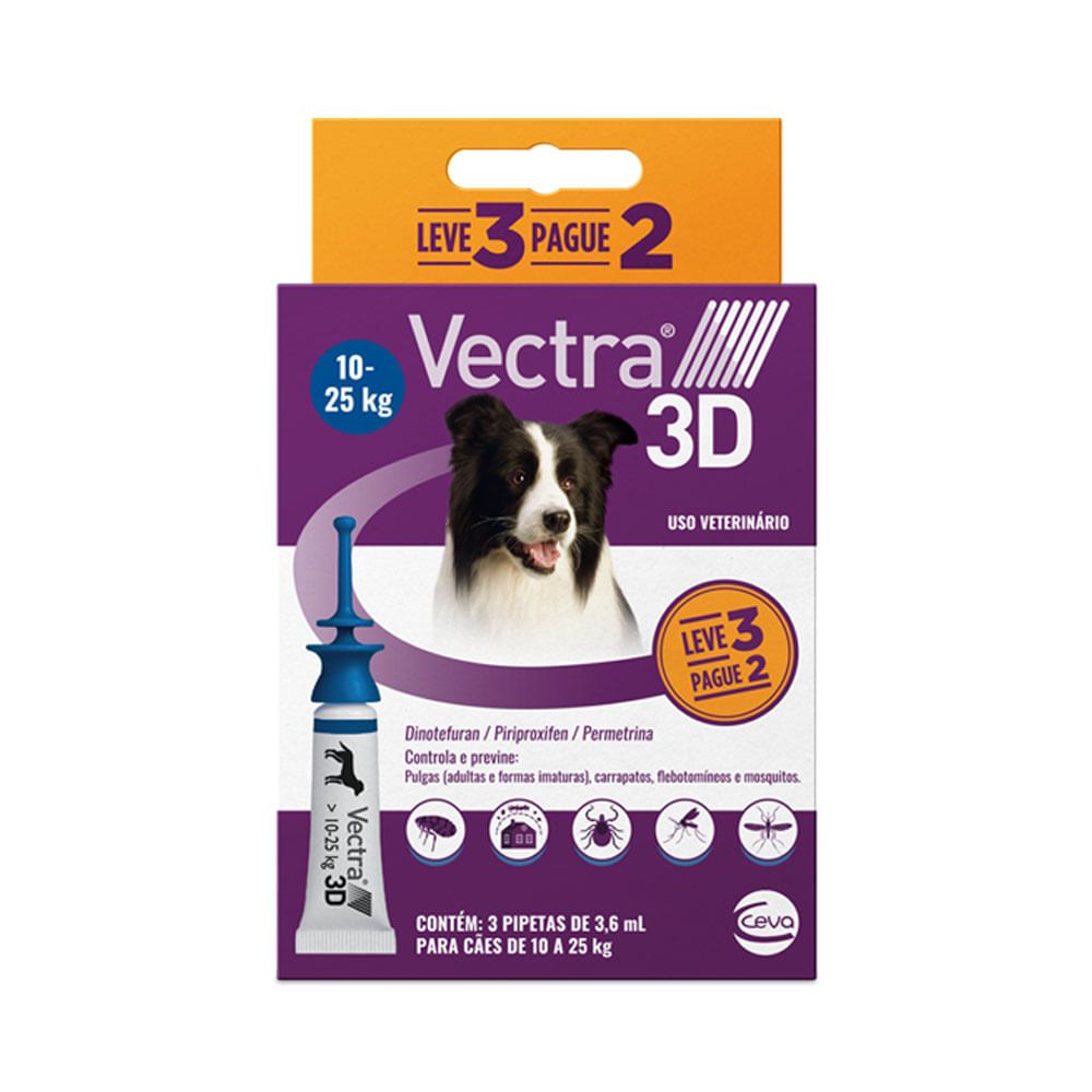 Vectra 3D Cães 10 a 25kg 3 pipetas Anti-pulgas Ceva