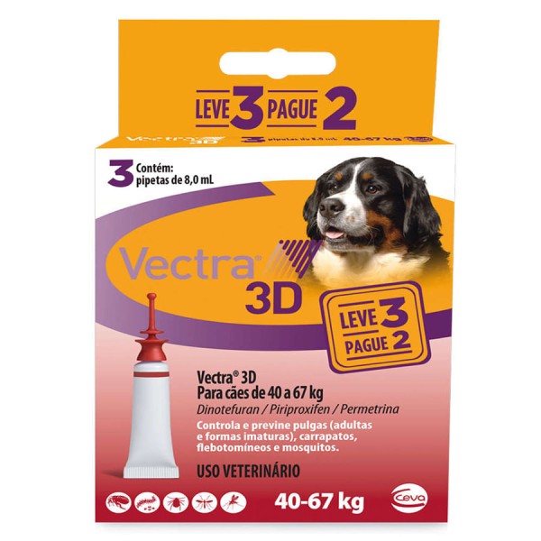Encontraproduto.com.br - Vectra 3D Cães 40 a 67kg 3 pipetas Anti-pulgas Ceva