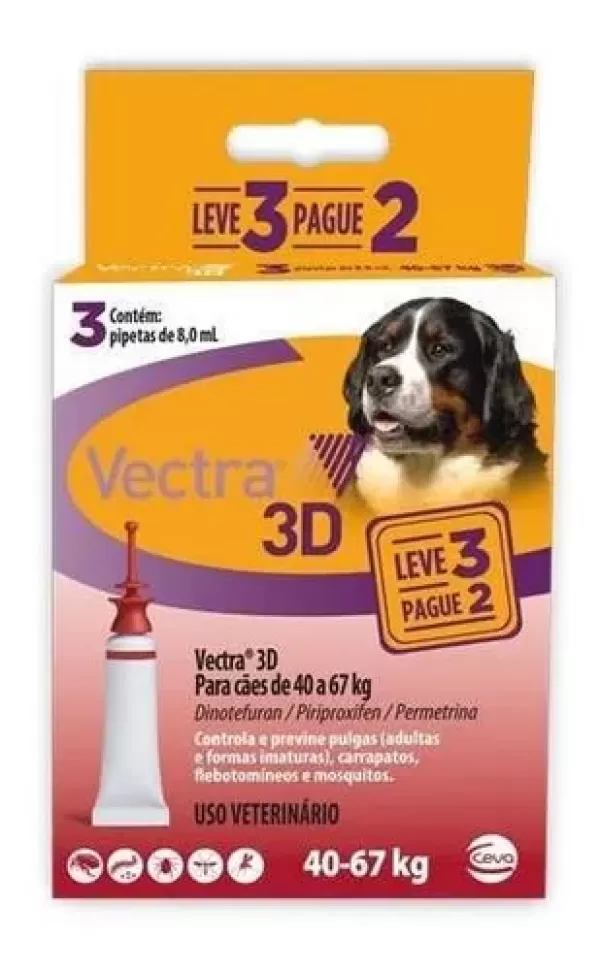 Encontraproduto.com.br - Vectra 3D Cães 40 a 67kg 3 pipetas Anti-pulgas Ceva