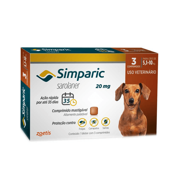 Encontraproduto.com.br - Simparic Antipulgas e Carrapatos 20mg para Cães de 5,1 a 10kg