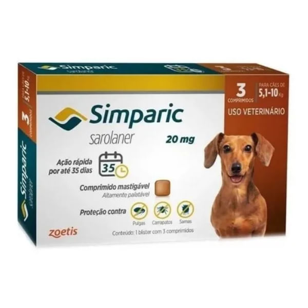 Encontraproduto.com.br - Simparic Antipulgas e Carrapatos 20mg para Cães de 5,1 a 10kg