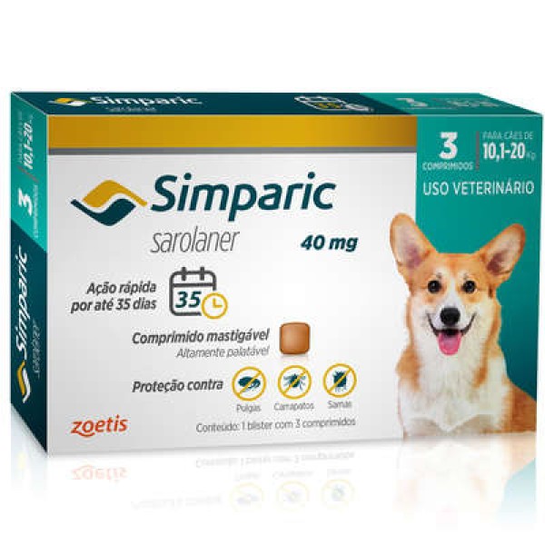 Encontraproduto.com.br - Simparic Antipulgas e Carrapatos 20mg 5,1kg a 10kg - 03 Comprimidos