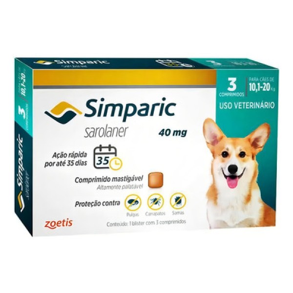 Encontraproduto.com.br - Simparic Antipulgas e Carrapatos 20mg 5,1kg a 10kg - 03 Comprimidos