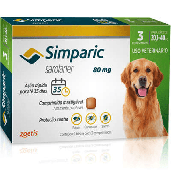 Encontraproduto.com.br - Antipulgas Simparic 80mg Cães 20 á 40 Kg com 3 Comprimidos