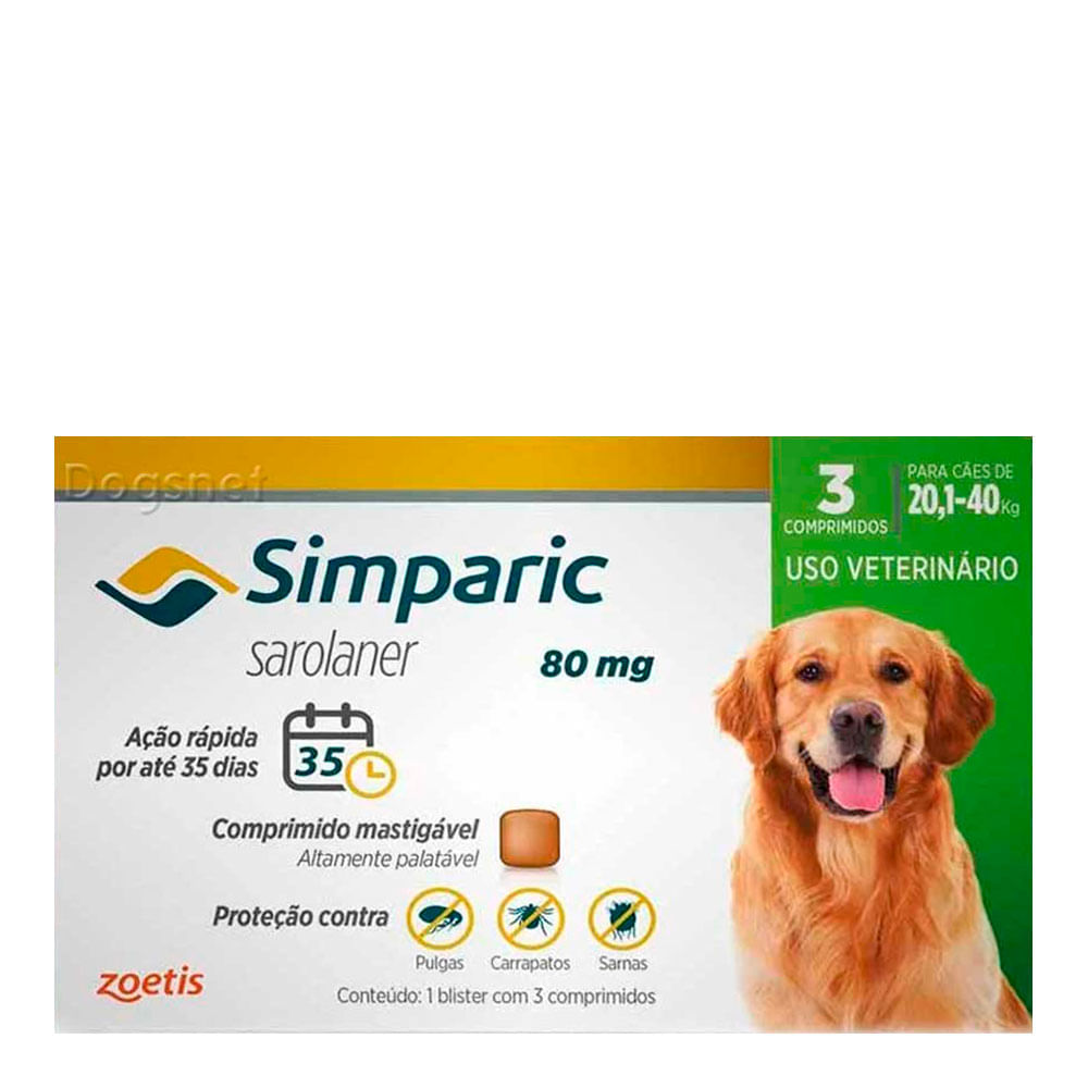 Encontraproduto.com.br - Antipulgas Simparic 80mg Cães 20 á 40 Kg com 3 Comprimidos