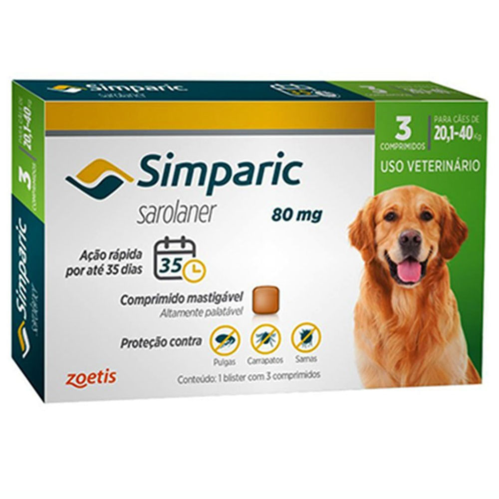 Encontraproduto.com.br - Antipulgas Simparic 80mg Cães 20 á 40 Kg com 3 Comprimidos