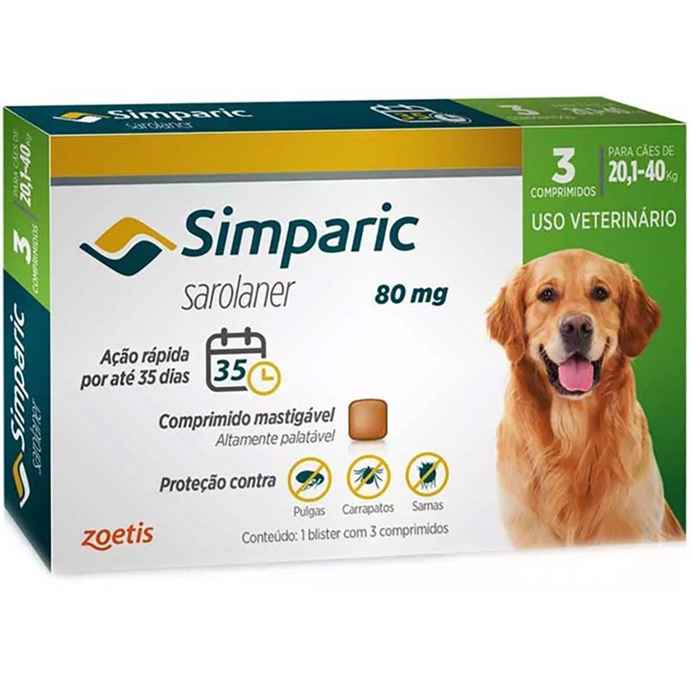 Encontraproduto.com.br - Antipulgas Simparic 80mg Cães 20 á 40 Kg com 3 Comprimidos