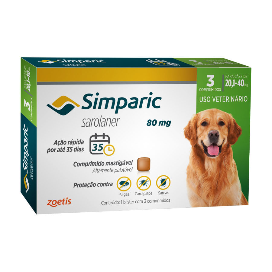 Encontraproduto.com.br - Antipulgas Simparic 80mg Cães 20 á 40 Kg com 3 Comprimidos