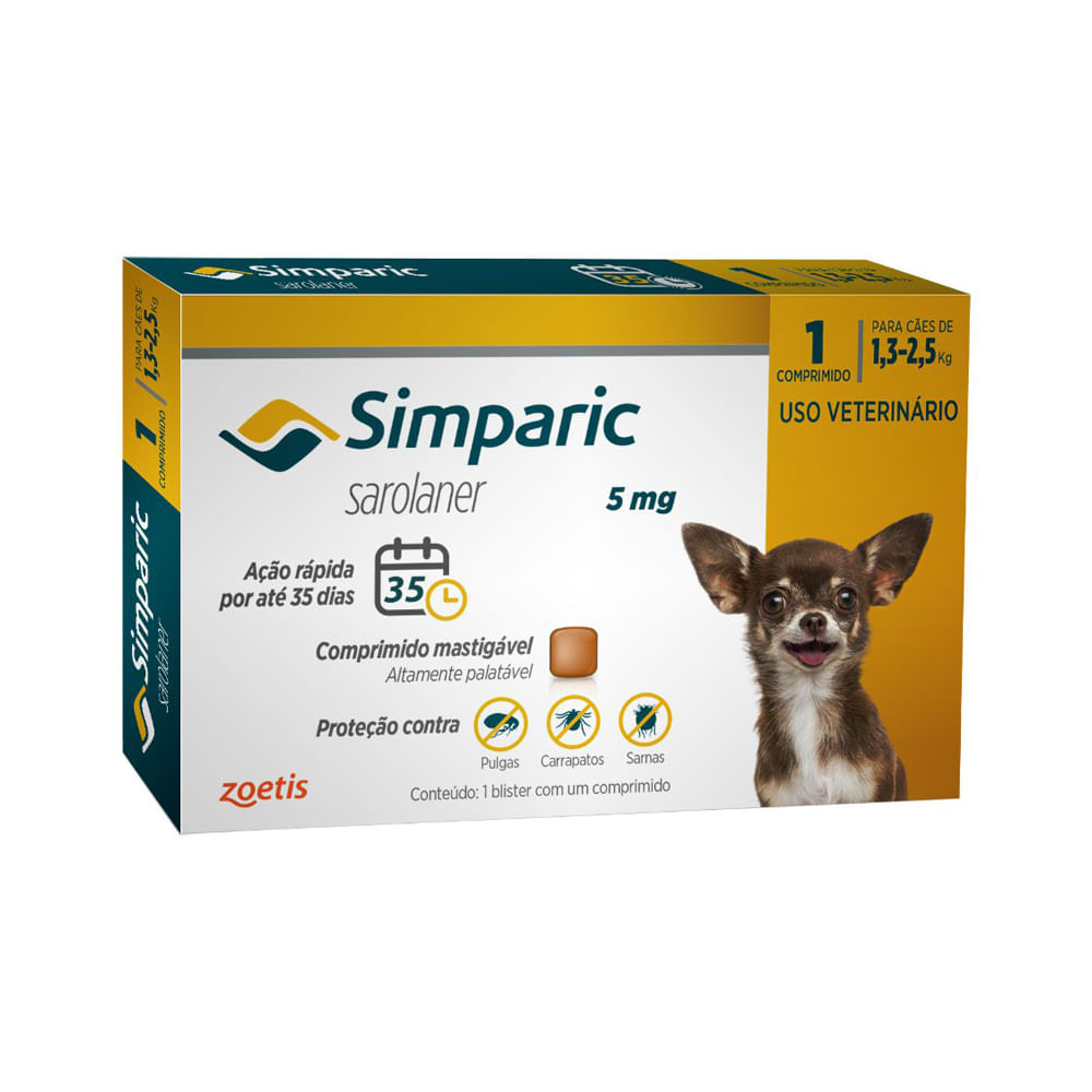 Encontraproduto.com.br - Antipulgas Simparic para Cães de 1,3 a 2,5 Kg (5 mg) 1 un