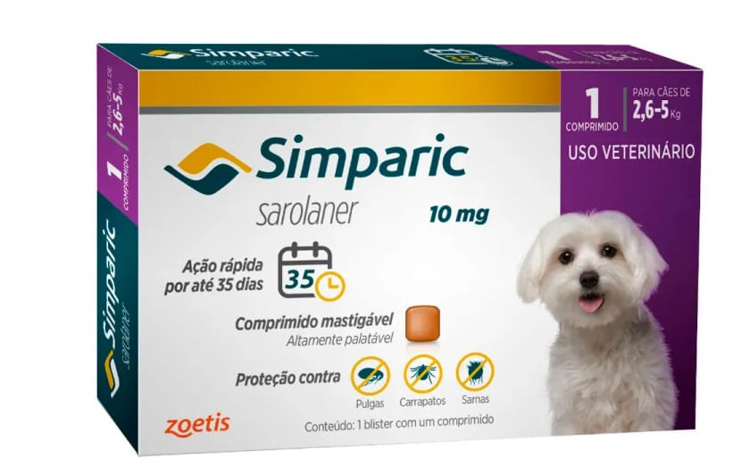 Encontraproduto.com.br - Antipulgas Simparic para Cães de 2,6 a 5 Kg (10 mg) 1 un