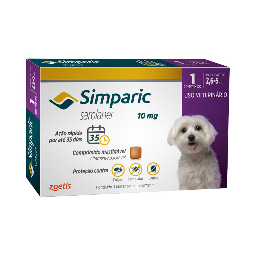 Encontraproduto.com.br - Antipulgas Simparic para Cães de 2,6 a 5 Kg (10 mg) 1 un