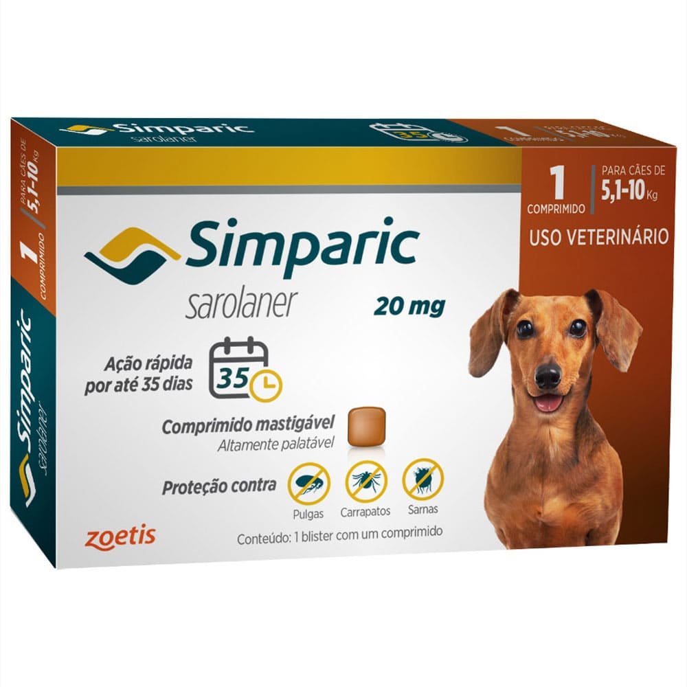 Encontraproduto.com.br - Simparic Antipulgas e Carrapatos 20mg para Cães de 5,1 a 10kg
