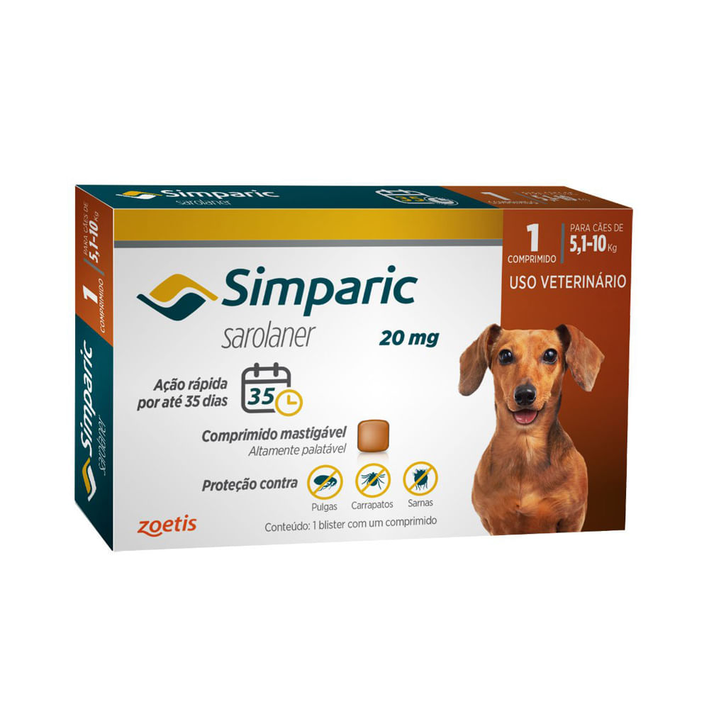 Encontraproduto.com.br - Simparic Antipulgas e Carrapatos 20mg para Cães de 5,1 a 10kg