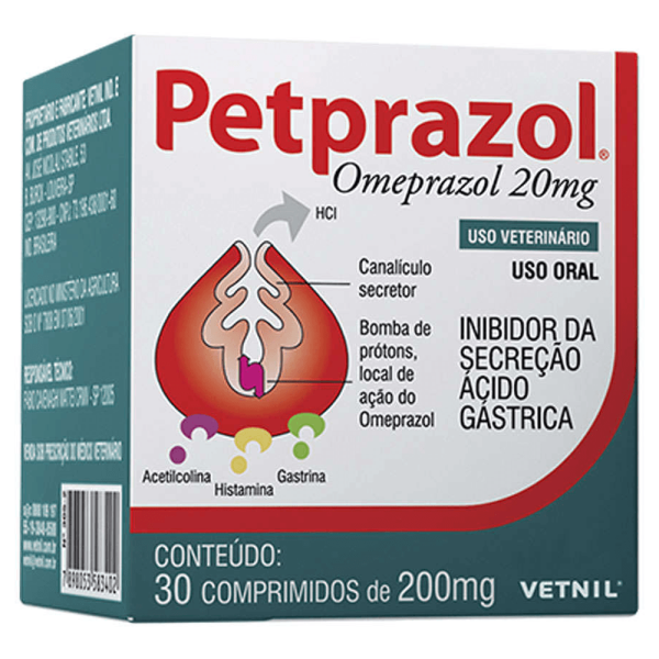 Petprazol 20mg 30 comprimidos Vetnil Omeprazol Cães e Gatos