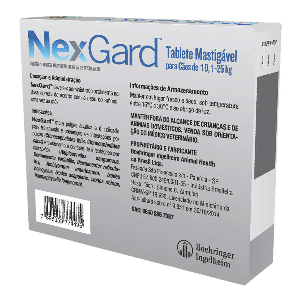 Encontraproduto.com.br - Nexgard G Cães 10,1 a 25kg 3 Tabs Antipulgas e Carrapatos Merial