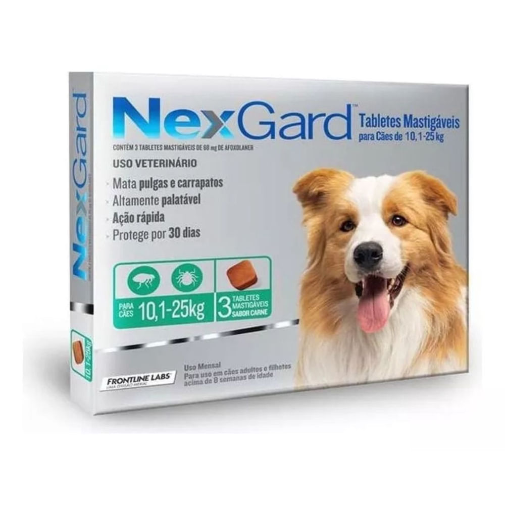 Encontraproduto.com.br - Nexgard G Cães 10,1 a 25kg 3 Tabs Antipulgas e Carrapatos Merial
