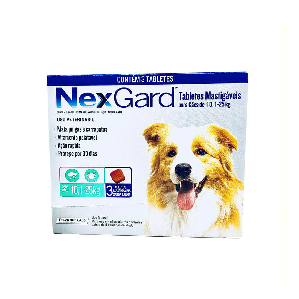 Encontraproduto.com.br - Nexgard G Cães 10,1 a 25kg 3 Tabs Antipulgas e Carrapatos Merial