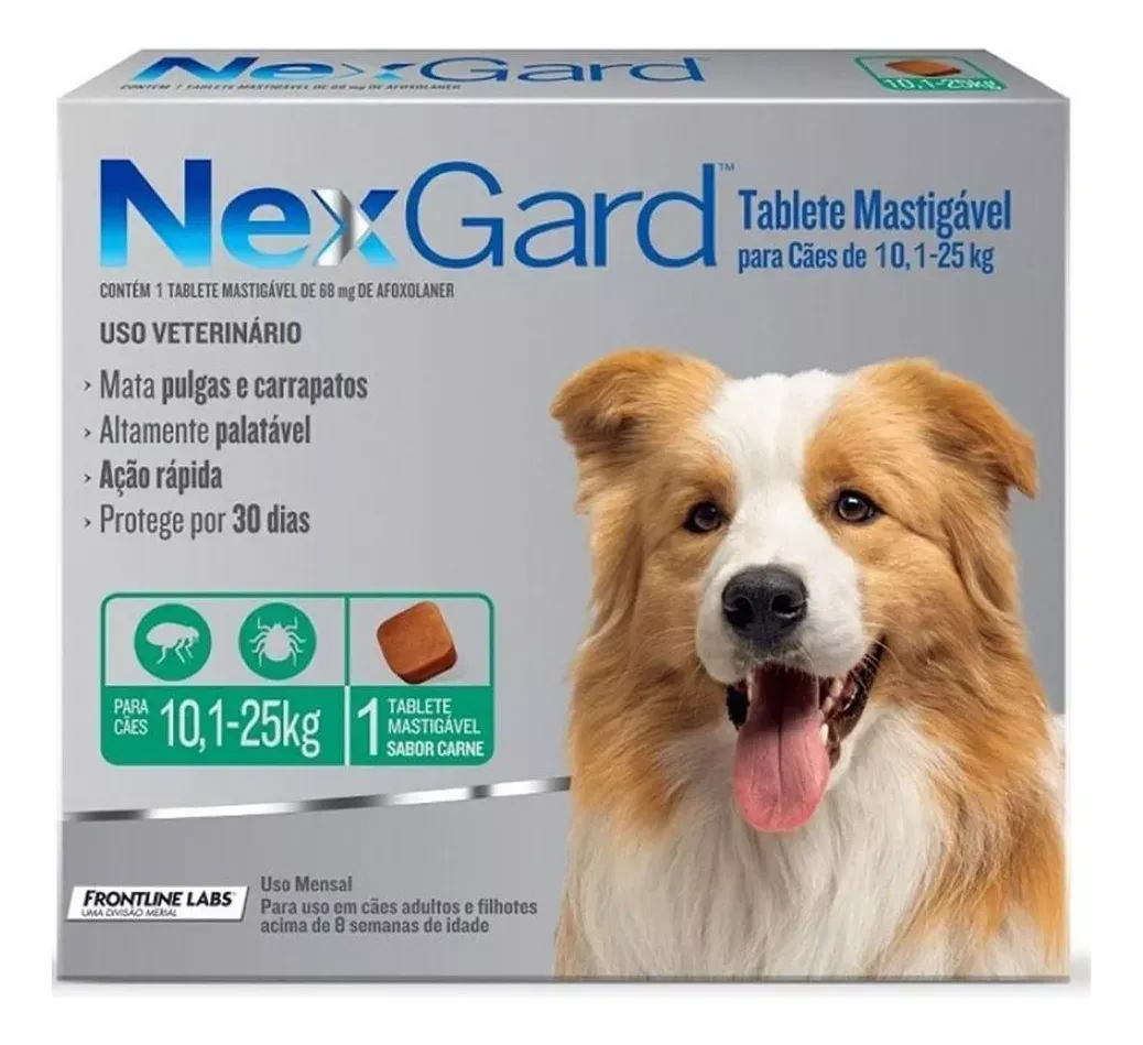 Encontraproduto.com.br - Nexgard G Cães 10,1 a 25kg 3 Tabs Antipulgas e Carrapatos Merial