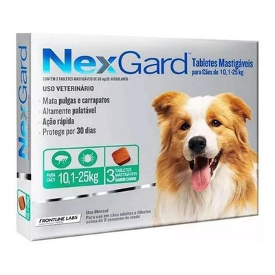Encontraproduto.com.br - Nexgard G Cães 10,1 a 25kg 3 Tabs Antipulgas e Carrapatos Merial